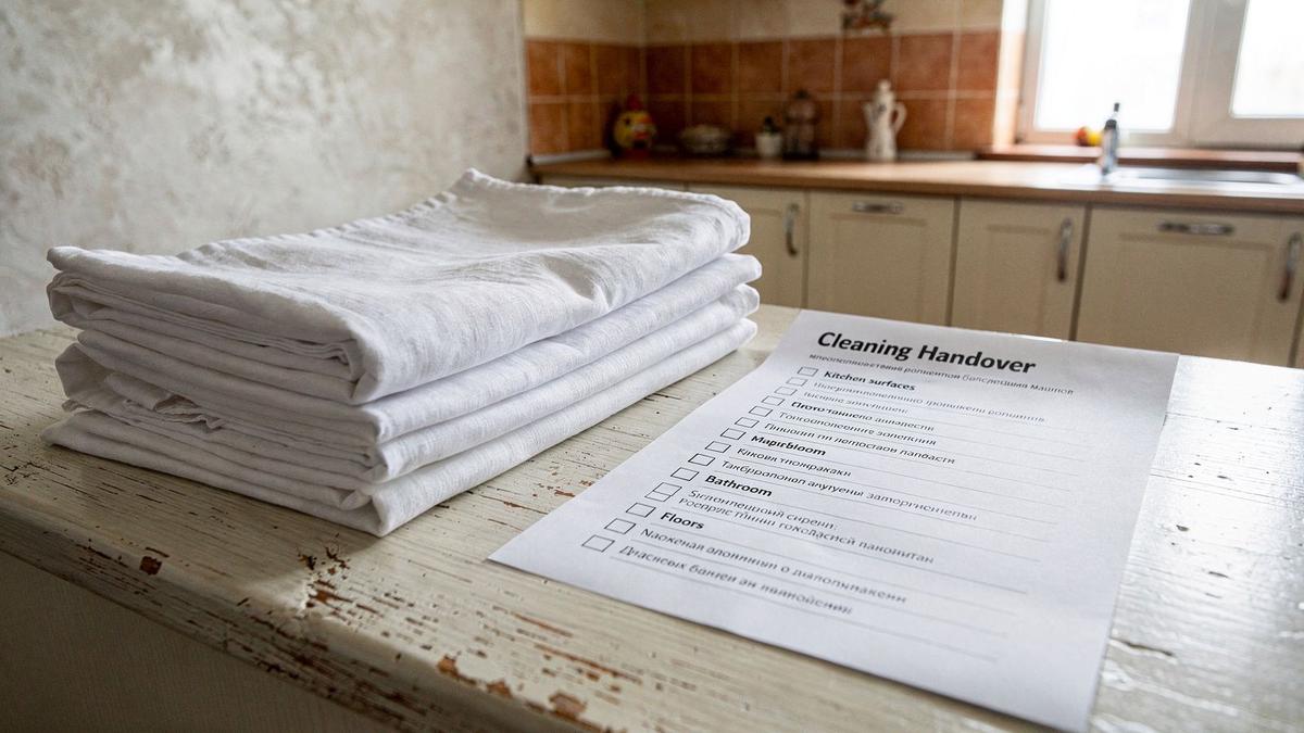 Stack of folded linen beside a printed cleaning handover sheet on a kitchen counter